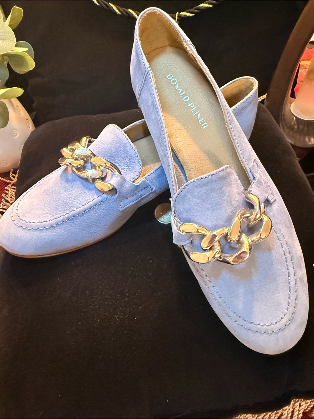 Donald J. Pliner Powder Blue Suede Chain Loafers